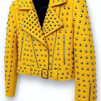 Crafted Leather Women Yellow Leather Punk Rock Jacket Silver Pyramid Studs Moto Fit - Thumbnail 1