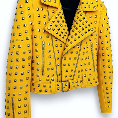 Crafted leather women yellow leather punk rock jacket silver pyramid studs moto fit