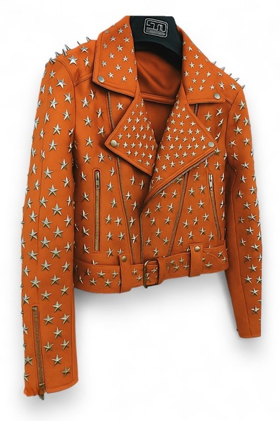 Crafted Leather Women Studded Orange Leather Jacket Silver Star Punk Brando Style