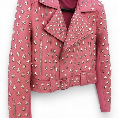 Crafted leather women studded pink leather jacket silver star punk brando style - Thumbnail 1