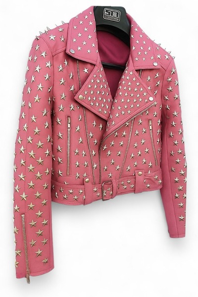 Crafted Leather Women Studded Pink Leather Jacket Silver Star Punk Brando Style