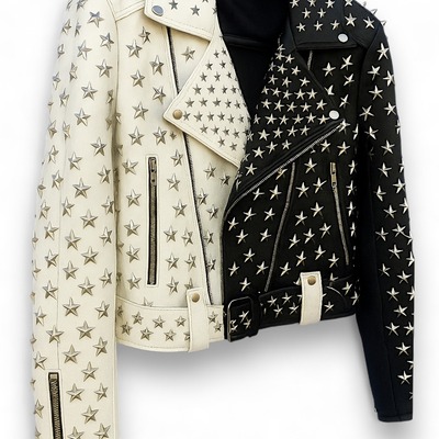 Crafted leather women studded white black leather jacket silver star punk brando style