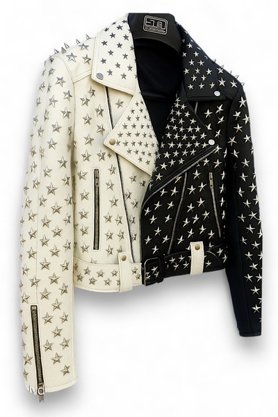 Crafted Leather Women Studded White Black Leather Jacket Silver Star Punk Brando Style