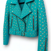 Crafted Leather Women Studded Cyan Color Leather Jacket Silver Star Punk Brando Style - Thumbnail 1
