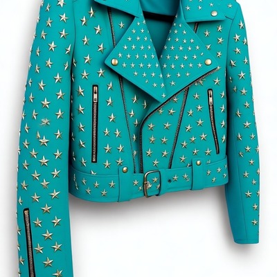 Crafted leather women studded cyan color leather jacket silver star punk brando style