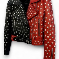 Crafted Leather Women Studded Red/Black Leather Jacket Silver Star Punk Brando Style - Thumbnail 1