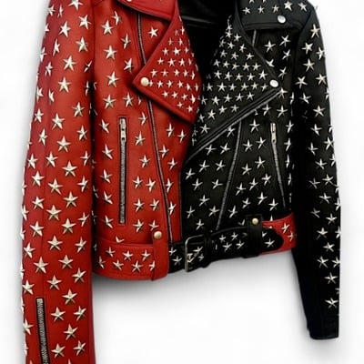 Crafted leather women studded red/black leather jacket silver star punk brando style
