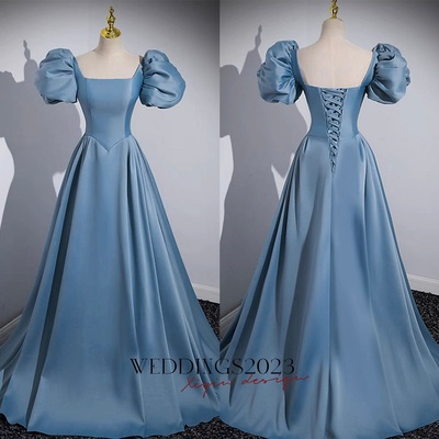 Elegant light blue satin prom dresses ball gown square neckline puffy short sleeve backless floor-length / long prom formal dresses