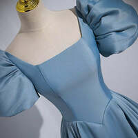 Elegant Light Blue Satin Prom Dresses Ball Gown Square Neckline Puffy Short Sleeve Backless Floor-Length / Long Prom Formal Dresses - Thumbnail 1