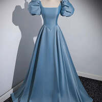 Elegant Light Blue Satin Prom Dresses Ball Gown Square Neckline Puffy Short Sleeve Backless Floor-Length / Long Prom Formal Dresses - Thumbnail 2