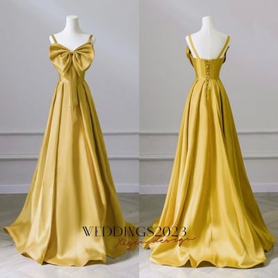 Yellow bow prom dresses  a-line / princess crossed straps solid color satin spaghetti straps sleeveless engagement formal dresses sweep train