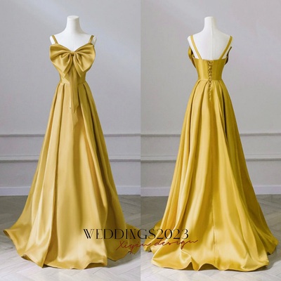 Yellow Bow Prom Dresses  A-Line / Princess Crossed Straps Solid Color Satin Spaghetti Straps Sleeveless Engagement Formal Dresses Sweep Train