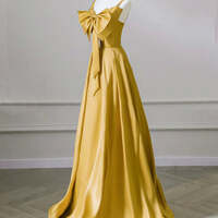 Yellow Bow Prom Dresses  A-Line / Princess Crossed Straps Solid Color Satin Spaghetti Straps Sleeveless Engagement Formal Dresses Sweep Train - Thumbnail 3