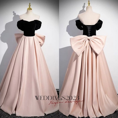 Chic / Beautiful Blushing Pink Satin Prom Dresses Ball Gown Off-The-Shoulder Short Sleeve Backless Bow Floor-Length / Long Prom Formal Dresses