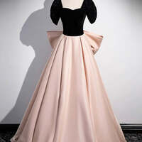 Chic / Beautiful Blushing Pink Satin Prom Dresses Ball Gown Off-The-Shoulder Short Sleeve Backless Bow Floor-Length / Long Prom Formal Dresses - Thumbnail 3