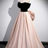 Chic / Beautiful Blushing Pink Satin Prom Dresses Ball Gown Off-The-Shoulder Short Sleeve Backless Bow Floor-Length / Long Prom Formal Dresses - Thumbnail 1