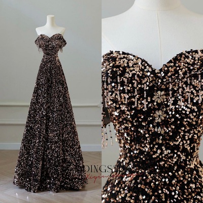 Coffee Gold Evening Dress,Off Shoulder A-Line Coffee Gold Sequin Long Prom Dress 