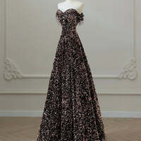 Coffee Gold Evening Dress,Off Shoulder A-Line Coffee Gold Sequin Long Prom Dress  - Thumbnail 3