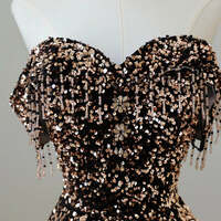 Coffee Gold Evening Dress,Off Shoulder A-Line Coffee Gold Sequin Long Prom Dress  - Thumbnail 4