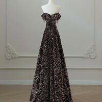 Coffee Gold Evening Dress,Off Shoulder A-Line Coffee Gold Sequin Long Prom Dress  - Thumbnail 2