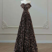 Coffee Gold Evening Dress,Off Shoulder A-Line Coffee Gold Sequin Long Prom Dress  - Thumbnail 1