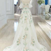 Elegant 3D Floral Lace Wedding Dresses V-Neck Long Sleeve Applique Bridal Gowns - Thumbnail 2