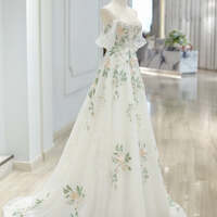 Elegant 3D Floral Lace Wedding Dresses V-Neck Long Sleeve Applique Bridal Gowns - Thumbnail 4