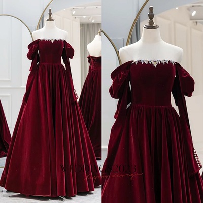 Burgundy velvet prom dresses a-line / princess off-the-shoulder long sleeve backless floor-length / long prom formal dresses