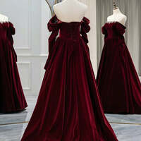 Burgundy Velvet Prom Dresses A-Line / Princess Off-The-Shoulder Long Sleeve Backless Floor-Length / Long Prom Formal Dresses - Thumbnail 1