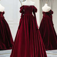 Burgundy Velvet Prom Dresses A-Line / Princess Off-The-Shoulder Long Sleeve Backless Floor-Length / Long Prom Formal Dresses - Thumbnail 2