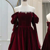 Burgundy Velvet Prom Dresses A-Line / Princess Off-The-Shoulder Long Sleeve Backless Floor-Length / Long Prom Formal Dresses - Thumbnail 3