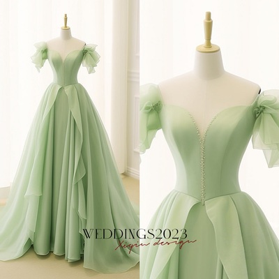 Sage green off shoulder organza prom dress, cocktail dress, evening party dress| long strapless dress ruffled dress