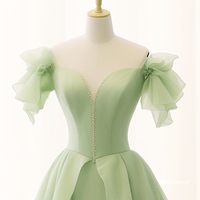 Sage Green Off Shoulder Organza Prom Dress, Cocktail Dress, Evening Party Dress| Long Strapless Dress Ruffled Dress - Thumbnail 2