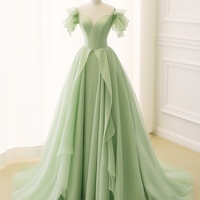 Sage Green Off Shoulder Organza Prom Dress, Cocktail Dress, Evening Party Dress| Long Strapless Dress Ruffled Dress - Thumbnail 3