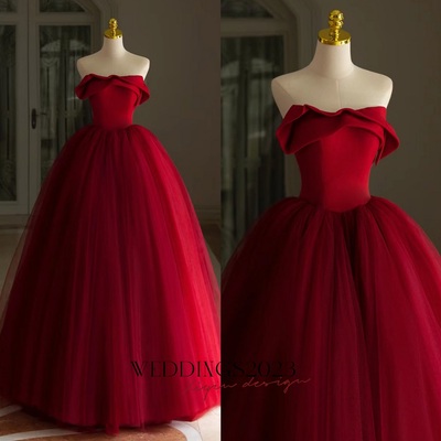 Gorgeous burgundy tulle satin long prom dresses, burgundy formal evening dresses, ball gown 