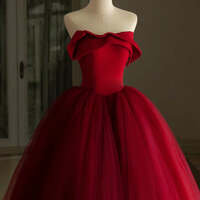 Gorgeous Burgundy Tulle Satin Long Prom Dresses, Burgundy Formal Evening Dresses, Ball Gown  - Thumbnail 1