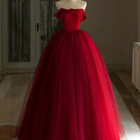 Gorgeous Burgundy Tulle Satin Long Prom Dresses, Burgundy Formal Evening Dresses, Ball Gown  - Thumbnail 2