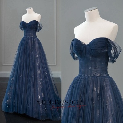 Navy blue a-line off shoulder tulle lace long prom dress, dark blue long evening dress