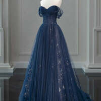 Navy Blue A-Line Off Shoulder Tulle Lace Long Prom Dress, Dark Blue Long Evening Dress - Thumbnail 3