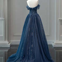 Navy Blue A-Line Off Shoulder Tulle Lace Long Prom Dress, Dark Blue Long Evening Dress - Thumbnail 2