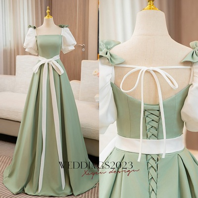 Elegant Sage Green Bow Sash Prom Dresses Ball Gown Square Neckline Puffy Short Sleeve Backless Floor-Length / Long Prom Formal Dresses