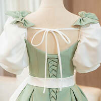 Elegant Sage Green Bow Sash Prom Dresses Ball Gown Square Neckline Puffy Short Sleeve Backless Floor-Length / Long Prom Formal Dresses - Thumbnail 5