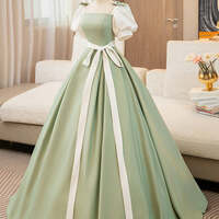 Elegant Sage Green Bow Sash Prom Dresses Ball Gown Square Neckline Puffy Short Sleeve Backless Floor-Length / Long Prom Formal Dresses - Thumbnail 1