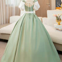 Elegant Sage Green Bow Sash Prom Dresses Ball Gown Square Neckline Puffy Short Sleeve Backless Floor-Length / Long Prom Formal Dresses - Thumbnail 2