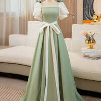 Elegant Sage Green Bow Sash Prom Dresses Ball Gown Square Neckline Puffy Short Sleeve Backless Floor-Length / Long Prom Formal Dresses - Thumbnail 3