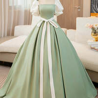 Elegant Sage Green Bow Sash Prom Dresses Ball Gown Square Neckline Puffy Short Sleeve Backless Floor-Length / Long Prom Formal Dresses - Thumbnail 4