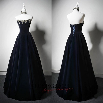 Navy Blue Evening Dress with Corset Back - Embellished Gown and Elegant A-Line Evening Gown Plus Size