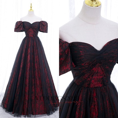 Elegant burgundy printing prom dressesa-line / princess off-the-shoulder puffy short sleeve backless floor-length / long formal dresses