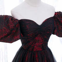Elegant Burgundy Printing Prom DressesA-Line / Princess Off-The-Shoulder Puffy Short Sleeve Backless Floor-Length / Long Formal Dresses - Thumbnail 1