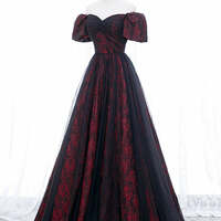 Elegant Burgundy Printing Prom DressesA-Line / Princess Off-The-Shoulder Puffy Short Sleeve Backless Floor-Length / Long Formal Dresses - Thumbnail 2